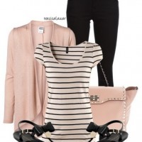 The Nude and Black Outfit Idea, Nude Cardigan, Striped Top, Nude Bag and Black Sandles