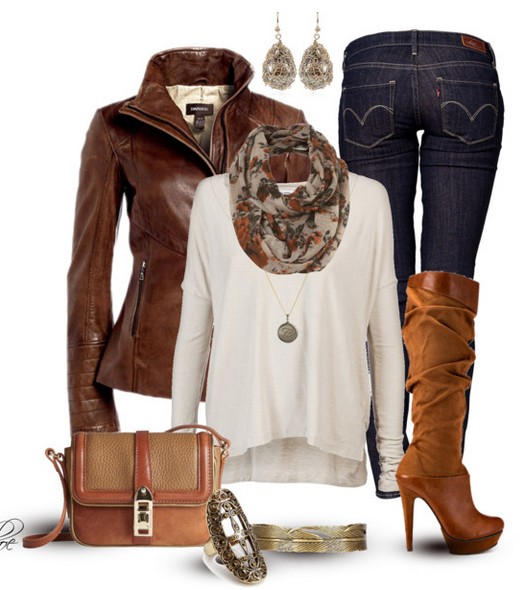 The Trendy Outfit Idea, brown leather jacket, white knit top, jeans and knee-length boots