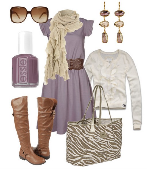 The Trendy Outfit Idea, light purple dress, white knit top, and tan knee-length boots