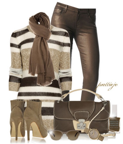 The Trendy Outfit Idea, striped sweater, leather pants and grey ankle boots