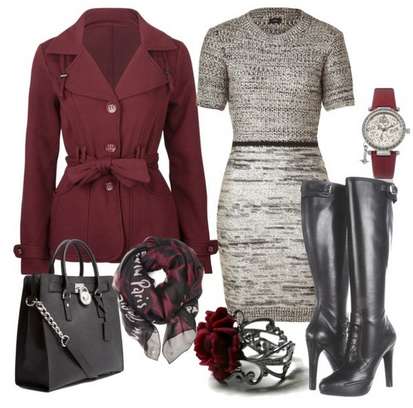 The Trendy Outfit Idea, wine jacket, sweater dress and knee-length boots