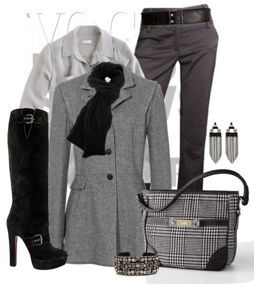 The Trendy Outfit Idea,grey windbreak, pants and black knee-length boots