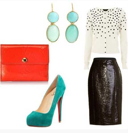 A Turq & Coral Combination for New Year Look, Cocktail Dress with Black Pumps