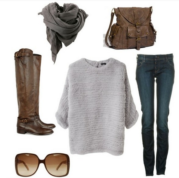 Warm And Cozy Outfit Combinations For The Winter, loose sweater, jeans and knee-length boots