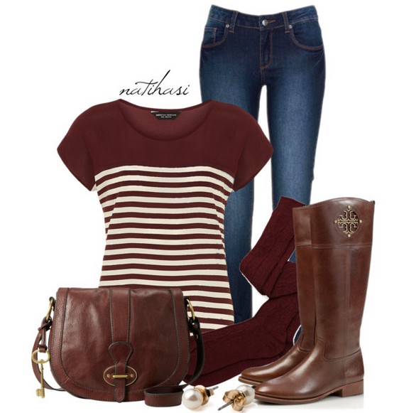Warm And Cozy Outfit Combinations For The Winter, striped knit top, jeans and knee-length boots