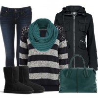 Warm And Cozy Outfit Combinations For The Winter, striped sweater, jeans and black bootsWarm And Cozy Outfit Combinations For The Winter, striped sweater, jeans and black boots