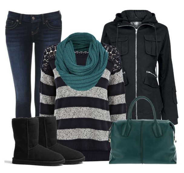 Warm And Cozy Outfit Combinations For The Winter, striped sweater, jeans and black bootsWarm And Cozy Outfit Combinations For The Winter, striped sweater, jeans and black boots