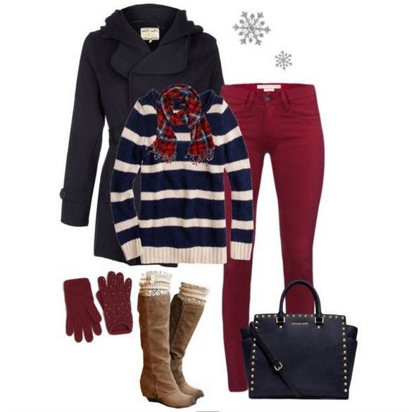 Warm And Cozy Outfit Combinations For The Winter, striped sweater, red skinnies and knee-length boots