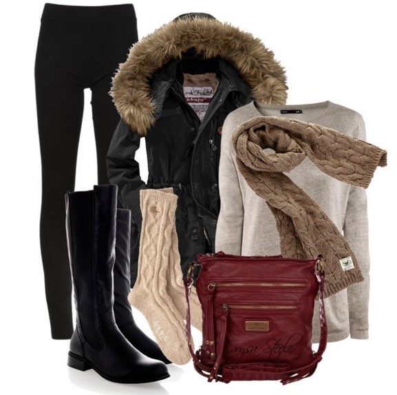 Warm And Cozy Outfit Combinations For The Winter, tan sweater, black skinnies and black knee-length boots