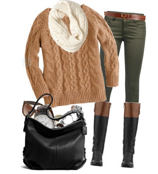 Warm And Cozy Outfit Combinations For The Winter, tan sweater, pants and knee-length boots