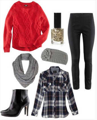 Winter Fall Plaid Outfit, Red sweater, Plaid shirt, Black Leather Pants and Black Ankle Boots