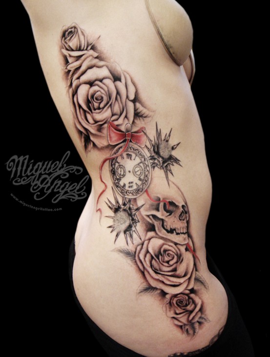 Women tattoos: Rose tattoo on side of body