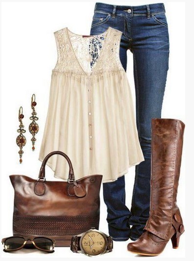 Brown Spring Outfit,pink lace embroidered top and brown knee-length boots