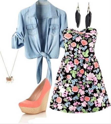Cute Spring Outfit, Floral print mini strapless dress and pink wedges