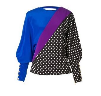 EMANUEL UNGARO polka dot silk blouse, blue and purple and black & white polka dot