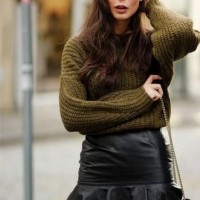 Military Outfit Idea for Spring 2014, military sweater and black leather skirt