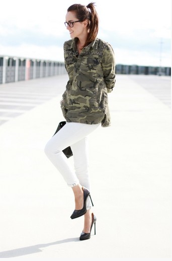 Military trend inspiration for spring 2014- camo shirt and white jeans