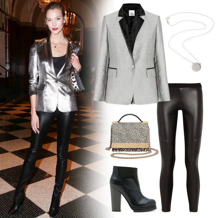Karlie Kloss Metallic Silver Blazer Outfit with Black Ankle Boots