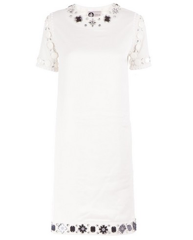Shop The Golden Globe Style – White cotton embellished shift dress from Lanvin featuring a round neck, short sleeves