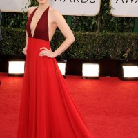 The Glamorous Golden Globe Style - Amy Adams poppy and magenta two-tone color low-cut Valentino Dress