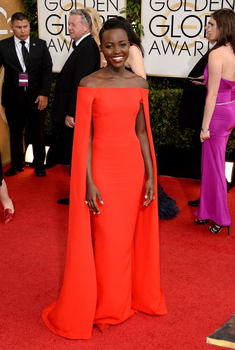 The Glamorous Golden Globe Style - The Best Supporting Actress nominee Lupita Nyong'o Ralph Lauren Collection bright red cape dress