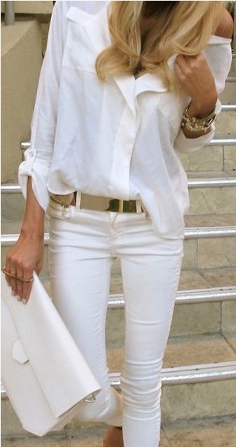 White Outfit , White shirt with gold accessories.