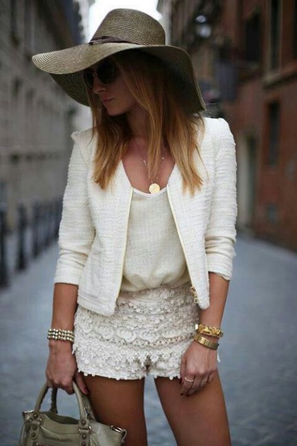 White Outfit , white blazer with lacey hot shorts