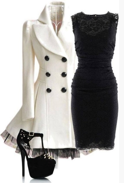 White Outfit for night date, black lace evening dress and ivory peacoat