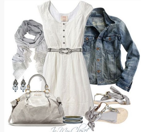 White Spring Outfit,denim jacket, white dress and sandles