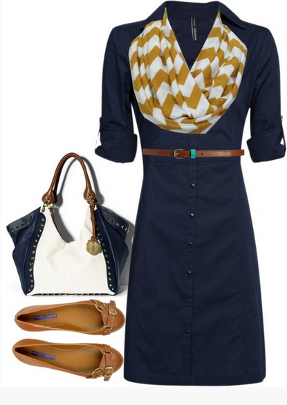 Blue shirt dress outfit idea with vintage brown flats