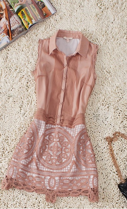 Lovely Coral Sleeveless Pleated Crochet Floral Shirt Dress