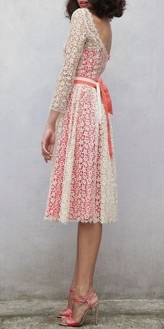 Lovely lace dress, white and coral