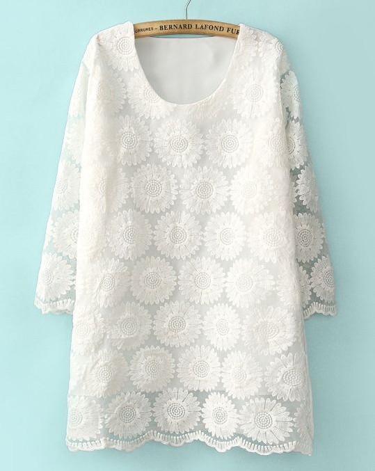 White Half Sleeve Lace Dress with Round Neck