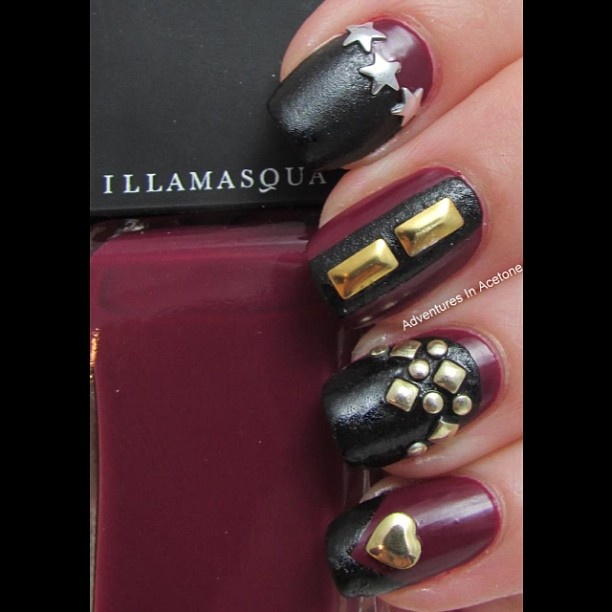 Black and Purple Nails with Studs