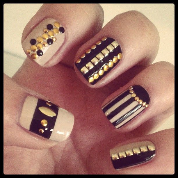 Black and White Nails with Golden Studs