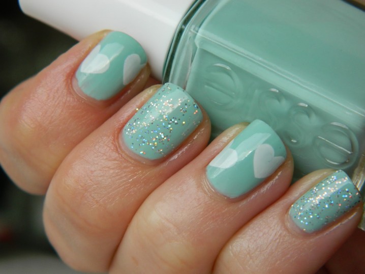 Glitter Mint Nails with Heart Shape