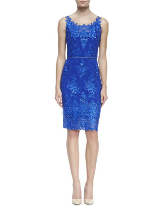 Notte by Marchesa Embroidered Lace Cocktail Dress with Skinny Belt