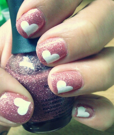 Pink Nails with White Heart shape