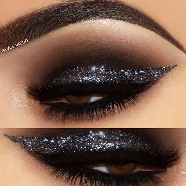 Smoky Black Glitter Eye Makeup Idea
