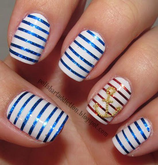 Blue and Red Striped Nails