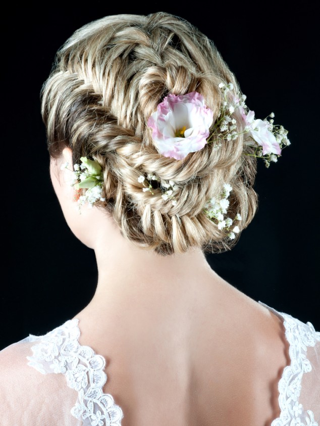 Fishtail Braid Bun Floral Bride Hairstyle via