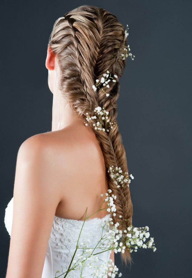 Fishtail Braid Floral Bride Hairstyle via