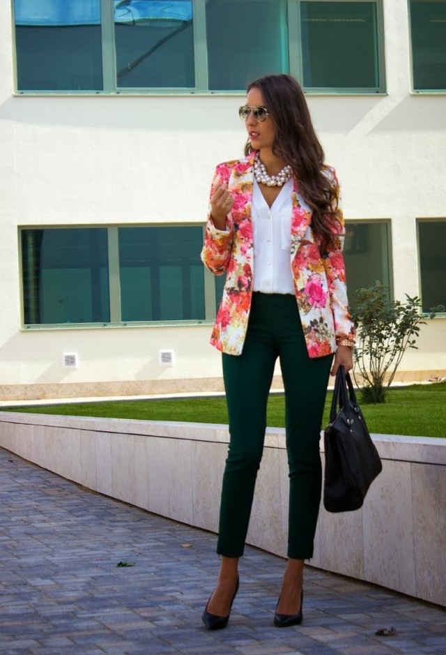 Floral Blazer Outfit with White Blouse