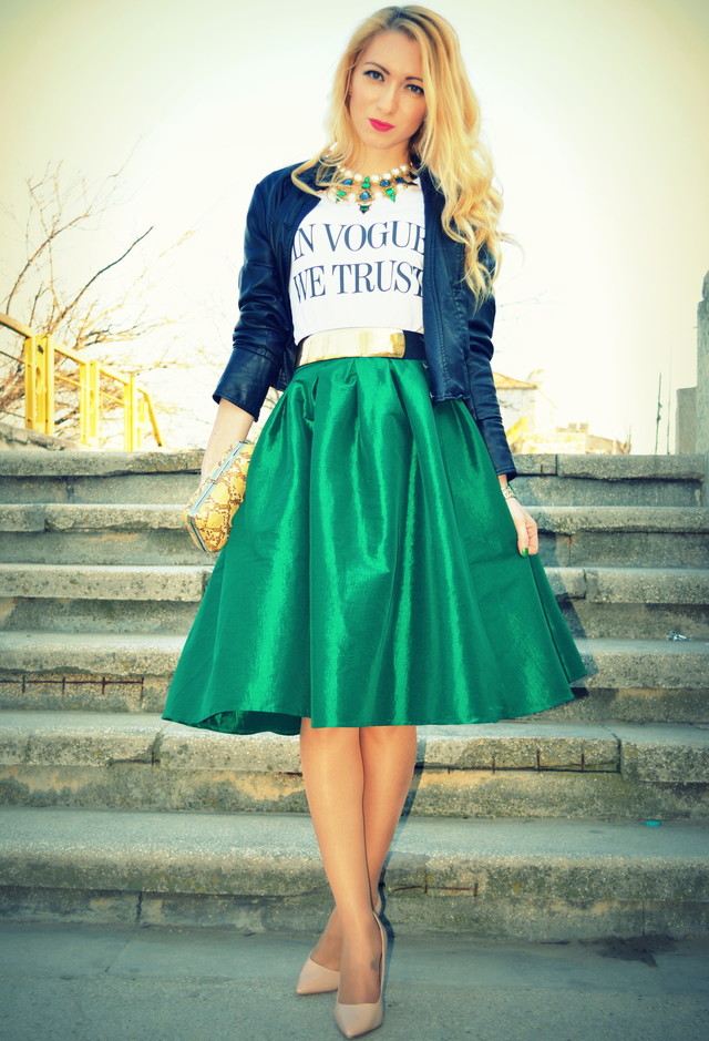 Green Midi Skirt Outfit with a Denim Jacket