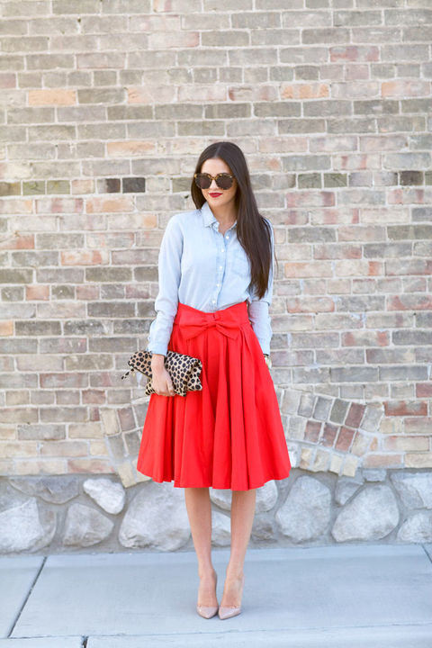 Hot Red Midi Skirt Outfit