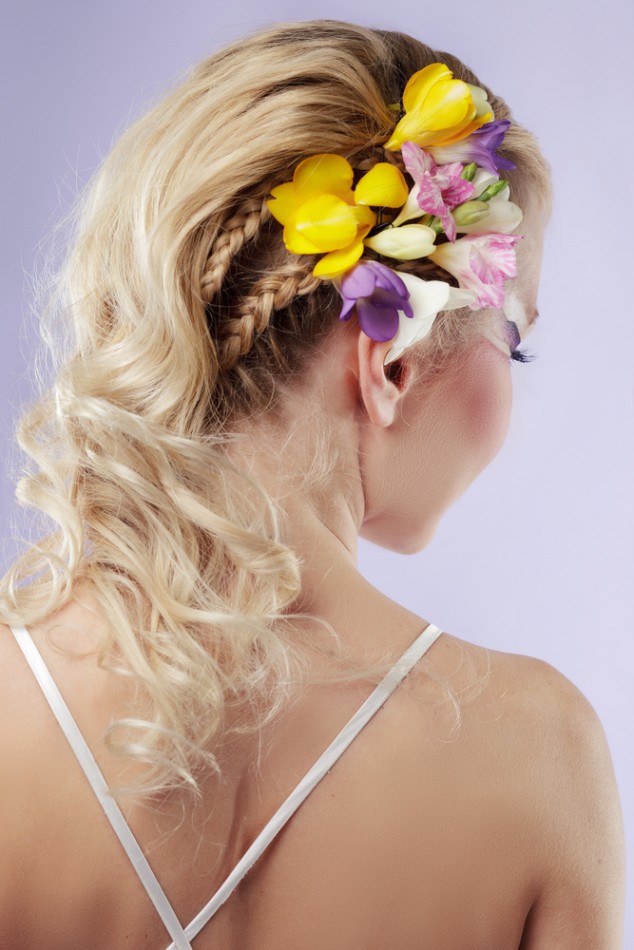 Long Wavy Braid Floral Bride Hairstyle via