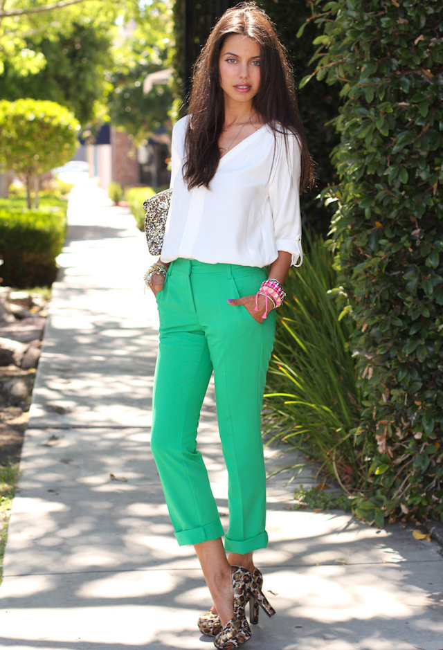 White Blouse Outfit with Green Jeans
