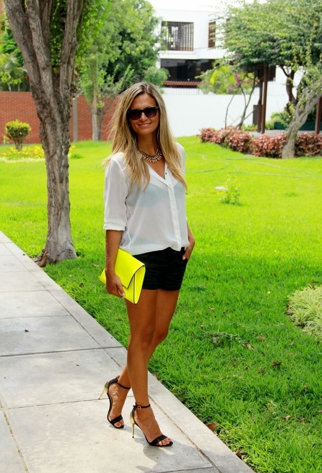 White Blouse Outfit with a Bright Yellow Clutch
