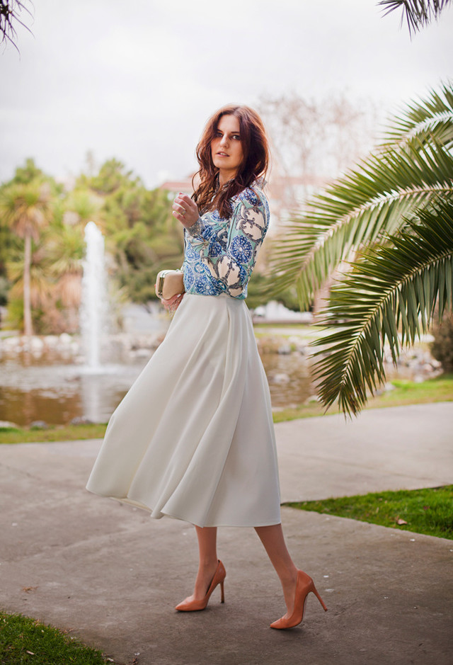 White Midi Skirt Outfit with a Printed Blouse