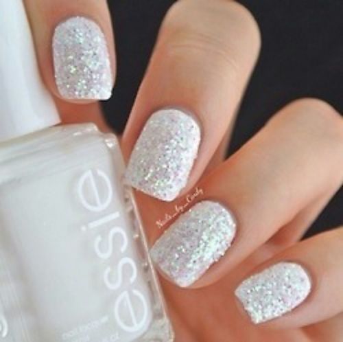 White Nails with Glitter